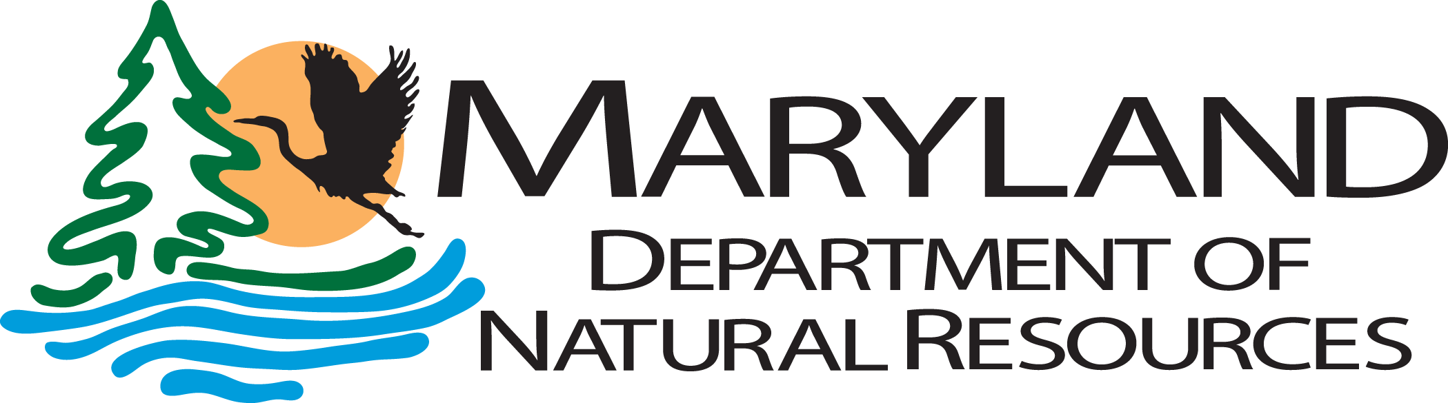 The MD DNR logo, featuring a heron flying across a sun towards a pine tree over water. It is drawn with heavy lines.